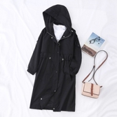 韩版 新款 宽松连帽收腰拉链过膝春秋外套 2024春季 清仓风衣女中长款