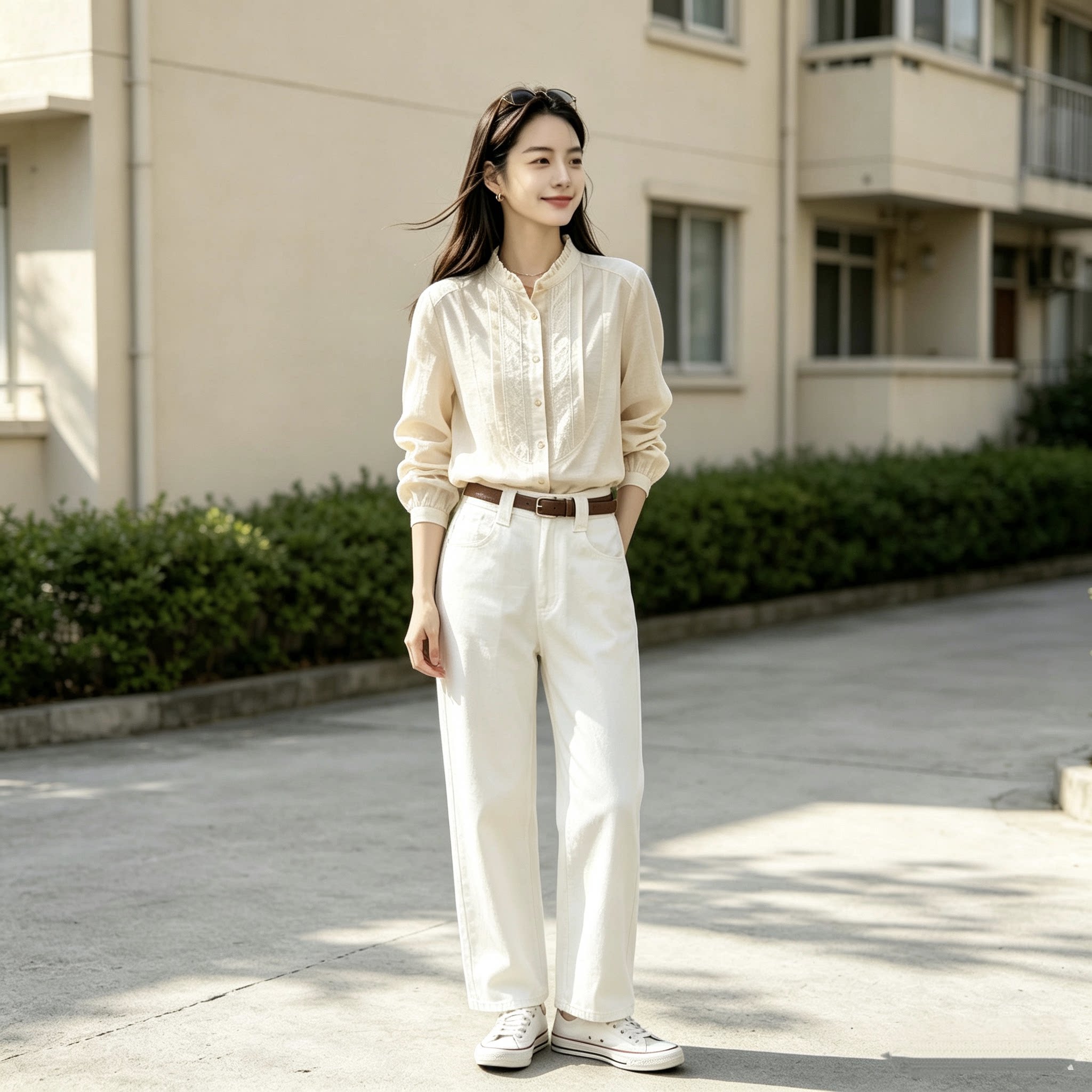 韩系简约木耳立领棉麻衬衣女春季温柔风宽松通勤刺绣长袖百搭衬衫