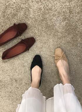 潮牌蝴蝶结浅口单鞋女春夏新款方头平底鞋韩版百搭秋季软底驾车鞋