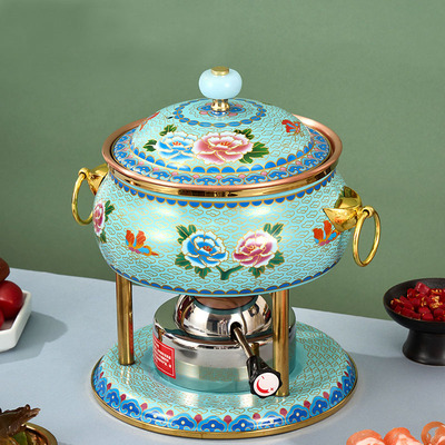 珐琅景泰蓝单人小火锅一人铜火锅充气炉家用商用户外瓦斯炉铜锅