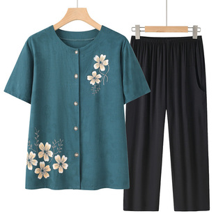 套装 开衫 2026夏季 棉绸妈妈奶奶上衣短袖 两件套薄 新款 中老年人衬衫