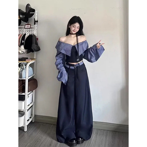 韩系复古设计感套装女春季2025新款一字肩条纹拼接上衣长裤两件套