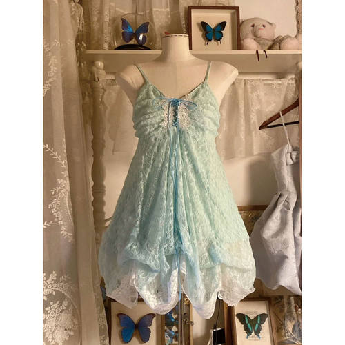 水蓝色花苞连衣裙夏季新款收腰显瘦小个子蝴蝶结蕾丝可爱裙