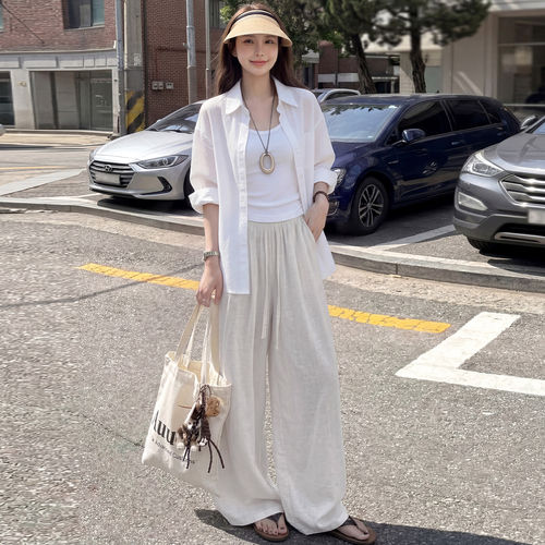 白色亚麻弯刀裤女夏季薄款垂坠感老钱风胖mm大码显瘦棉麻阔腿裤子