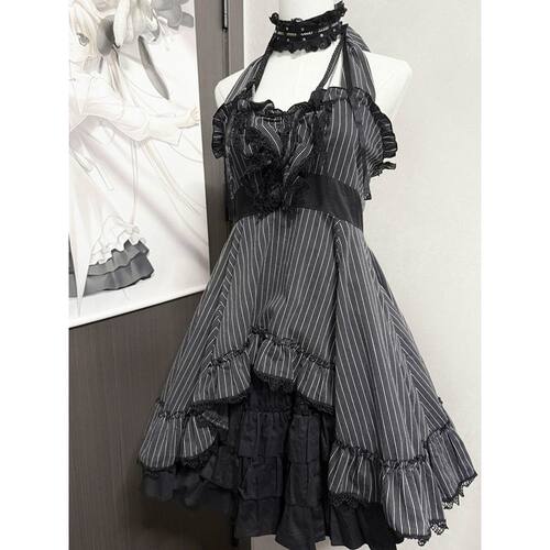 【星夜条纹】哥特辣妹洛丽塔新款裙挂脖不规则上衣+黑色短裙新款