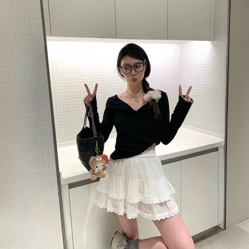 白色蛋糕短裙女夏季高腰a字芭蕾风半裙小个子防走光蕾丝半身裙子