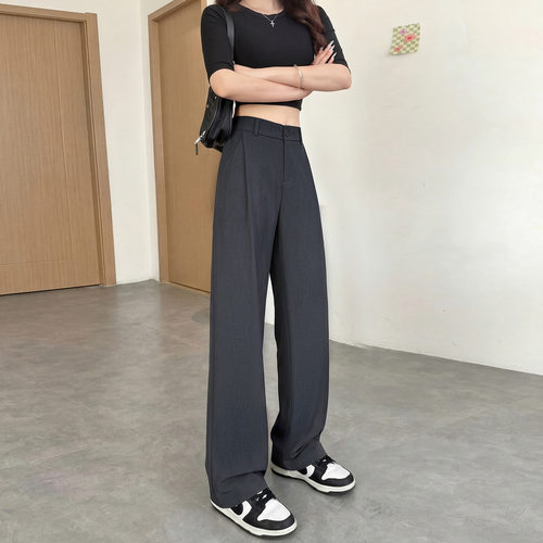 灰色西装裤女2026新款春秋高腰窄版直筒裤垂感高级感老钱风阔腿裤