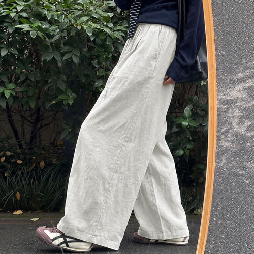 白色亚麻裤子女夏季薄款2026新款小个子棉麻休闲老钱风垂感阔腿裤