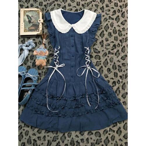 软蓝甜心 春夏新款甜美风复古娃娃领设计感vintage无袖连衣蛋糕裙