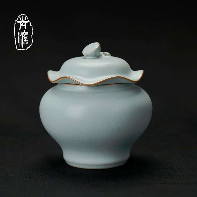 正品汝窑醒茶罐家用茶叶罐景德镇陶瓷储物罐复古汝瓷手工礼盒装荷