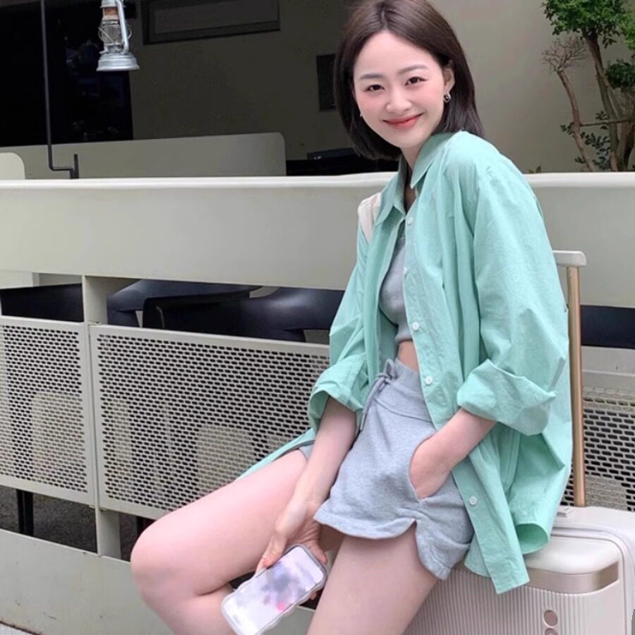 韩系长袖气质薄荷绿纯棉宽松衬衫