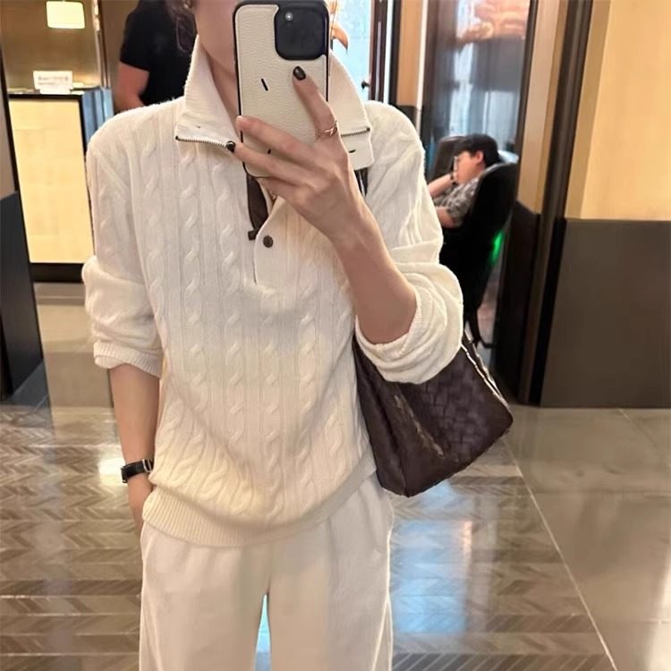美式复古风白色套头麻花针织衫女秋冬新款设计感独特拉链高领毛衣