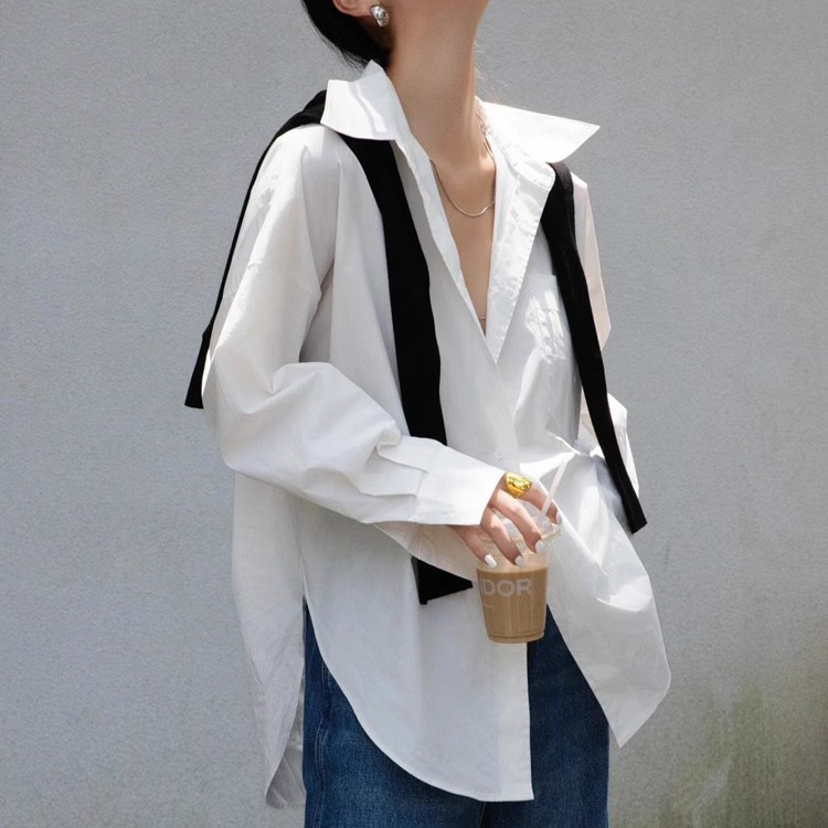 港味时髦弧形下摆设计白色长袖衬衫春秋叠穿宽松休闲Polo长袖上衣