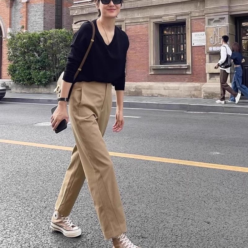 春夏新款洋气卡其色高腰窄版九分裤高级感法式复古百搭西装直筒裤
