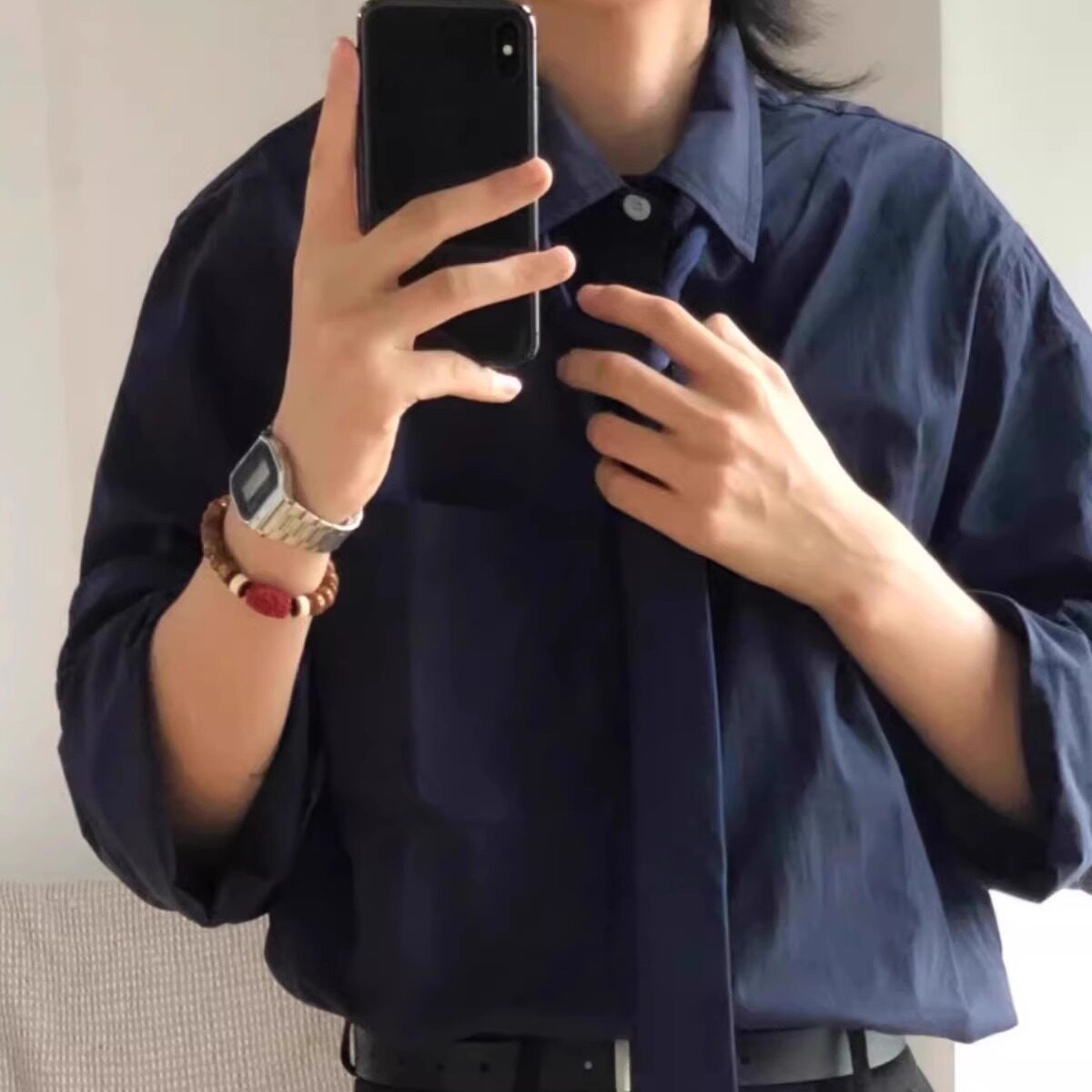 休闲港风宽松打底长袖藏蓝色衬衫