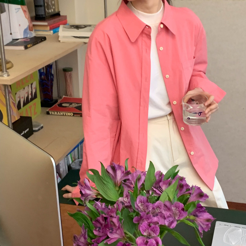 韩版新款通勤纯棉长袖翻领衬衫女装2026春季百搭纯色休闲洋气上衣
