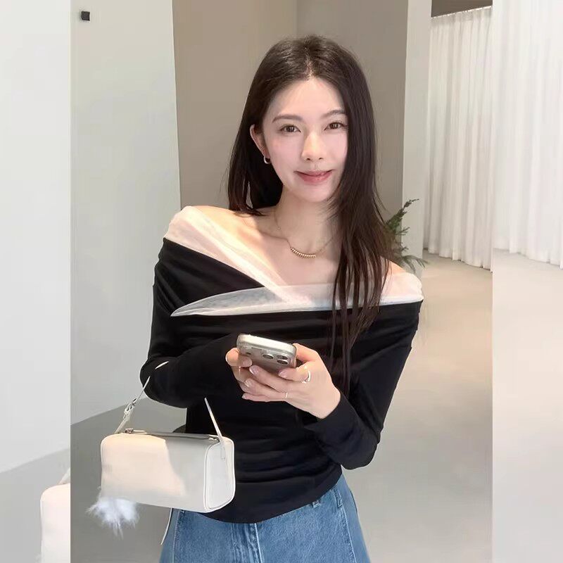 春季新款网纱拼接一字肩长袖上衣女装2026法式ootd气质内搭打底衫