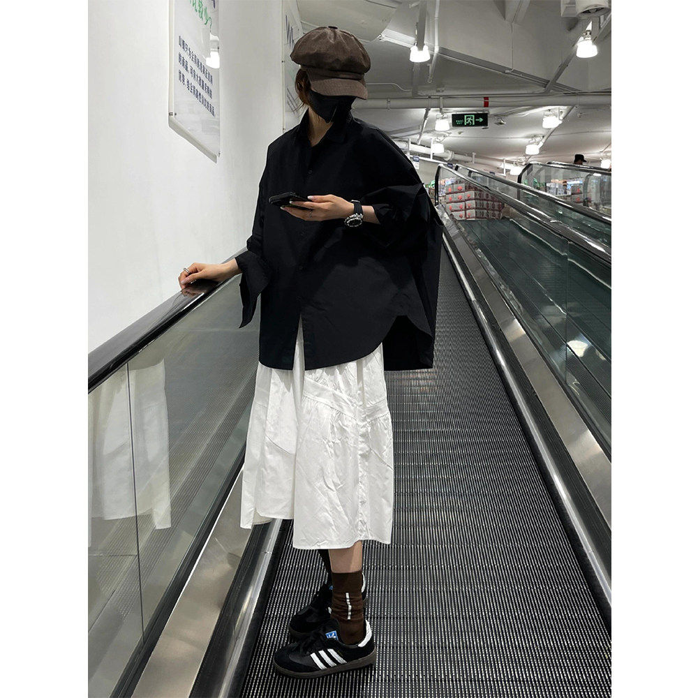 2026春秋新款宽松长袖休闲衬衫常规翻领女装黑色外套韩版百搭上衣