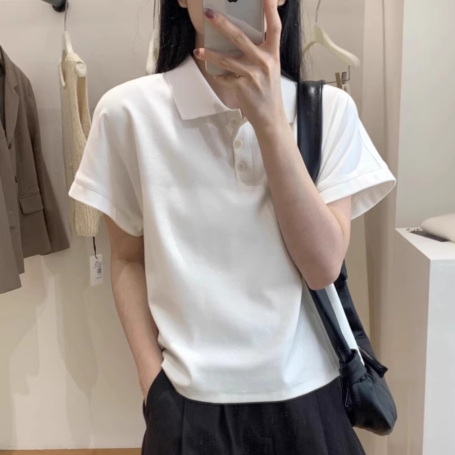 2025夏新款宽松短袖polo领上衣女通勤韩版高级感别致翻领白色T恤