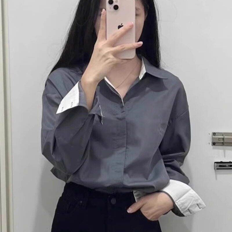知性港风宽松撞色长袖暗扣衬衫