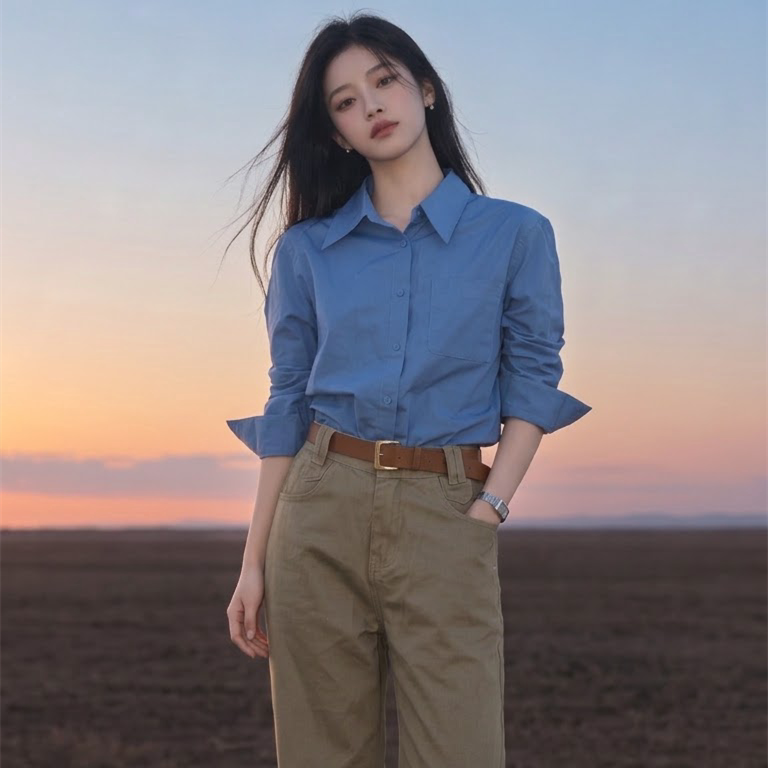 港风新款慵懒风蓝色翻领长袖衬衣女秋季时髦小众宽松显瘦叠穿上衣