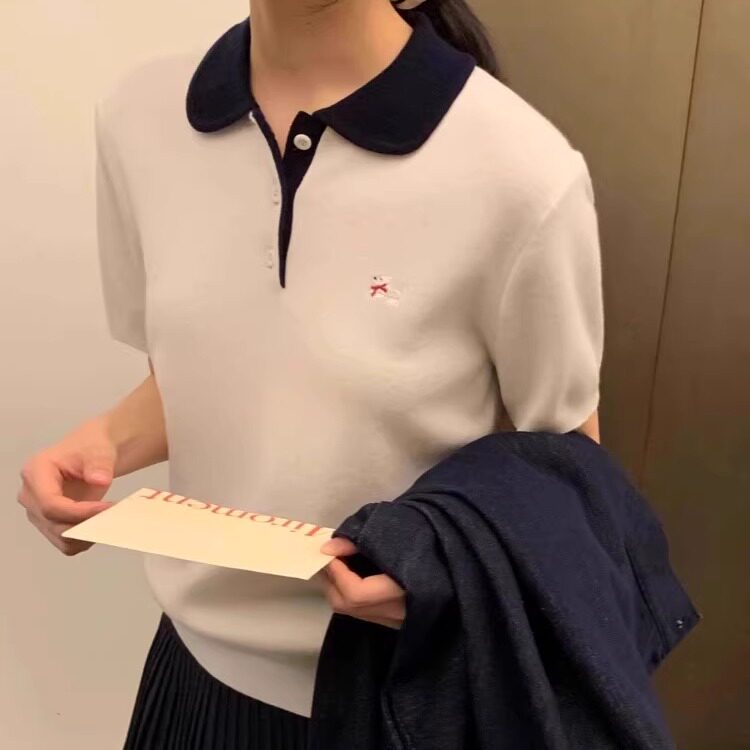 韩风撞色娃娃领小狗刺绣针织衫