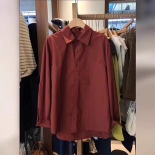 港风氛围感洋气显白酒红色衬衫外套女春季新款长袖宽松polo领上衣