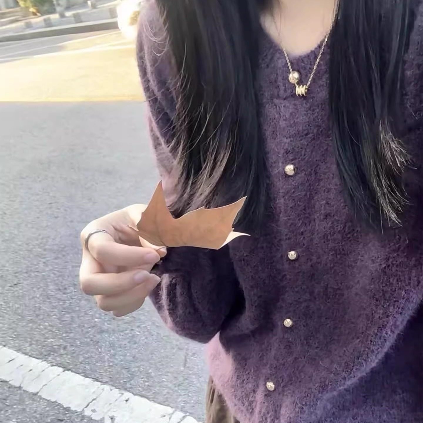 韩版软糯显白紫色圆领针织开衫