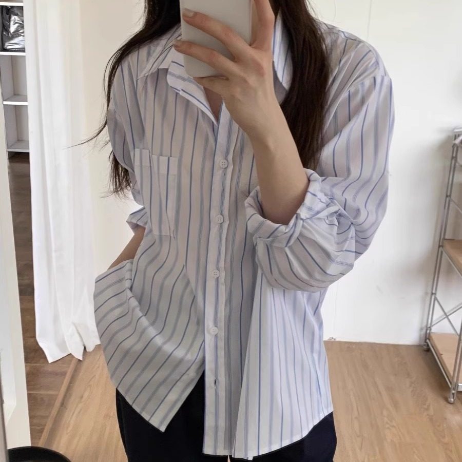 设计感小众长袖浅蓝条纹防晒衬衫女2026春夏新款宽松外穿别致衬衣