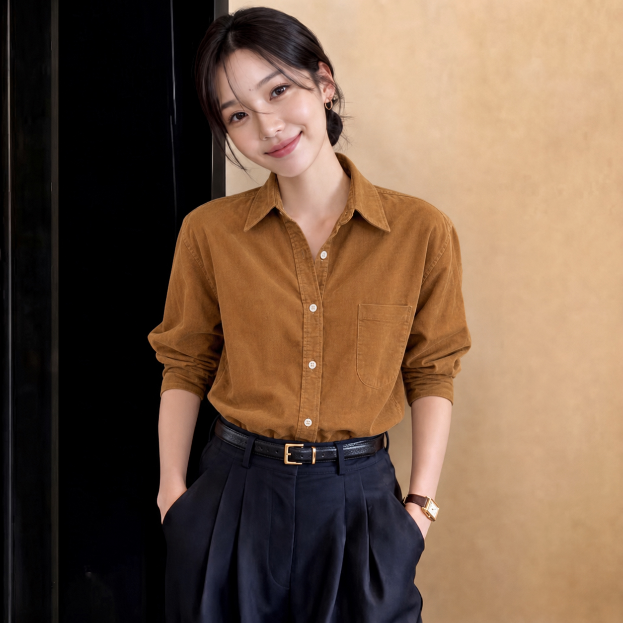 韩版新款单排扣气质减龄咖色长袖衬衣女春秋减龄洋气显瘦宽松上衣
