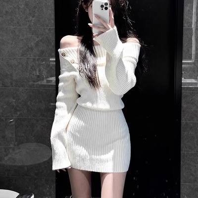 一字领白色收腰包臀针织连衣裙短