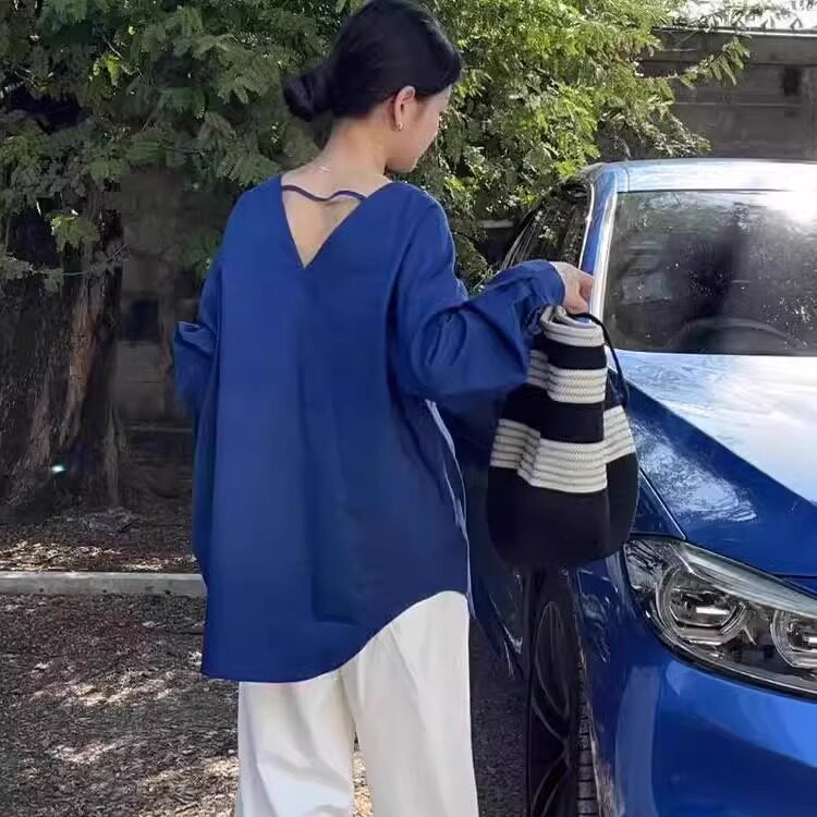 慵懒法式超显白蓝色v领棉麻衬衫