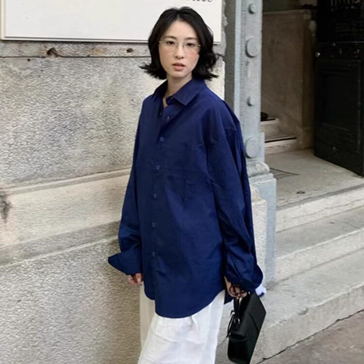 韩版休闲外搭宽松宝蓝色长袖衬衫