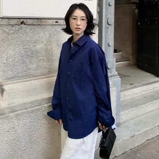 韩版 宝蓝色长袖 新款 小众chic慵懒感休闲上衣秋季 外搭宽松衬衣 衬衫