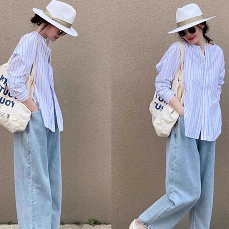 春夏新款设计感圆领防晒条纹衬衫女时尚港风宽松外穿薄款长袖衬衣