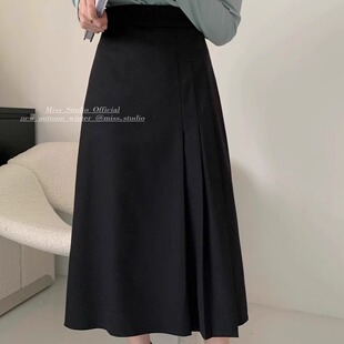 韩版洋气设计感别致褶皱毛呢a字裙女秋冬季高腰中长款黑色半身裙