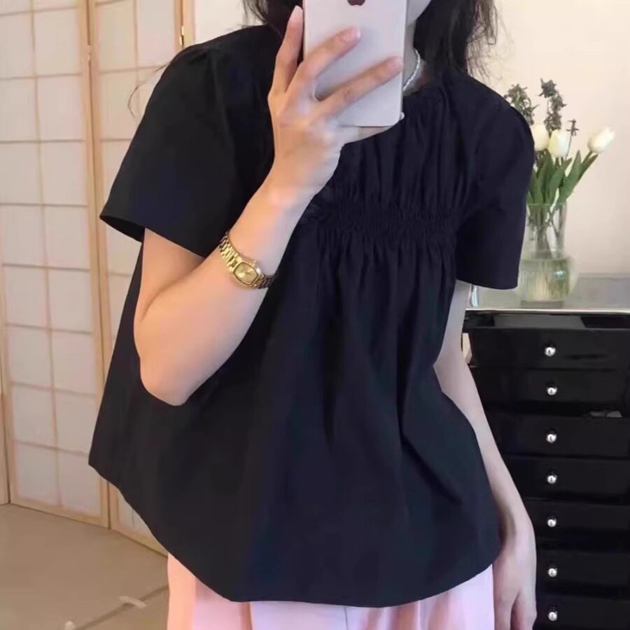洋气韩风松紧收褶纯色短袖衬衫