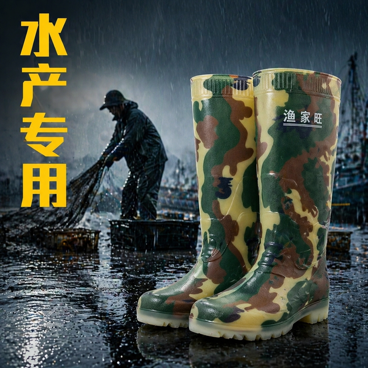 雨鞋水产捕鱼防滑胶鞋长筒防水雨靴大码防化迷彩靴渔民捕捞耐酸碱