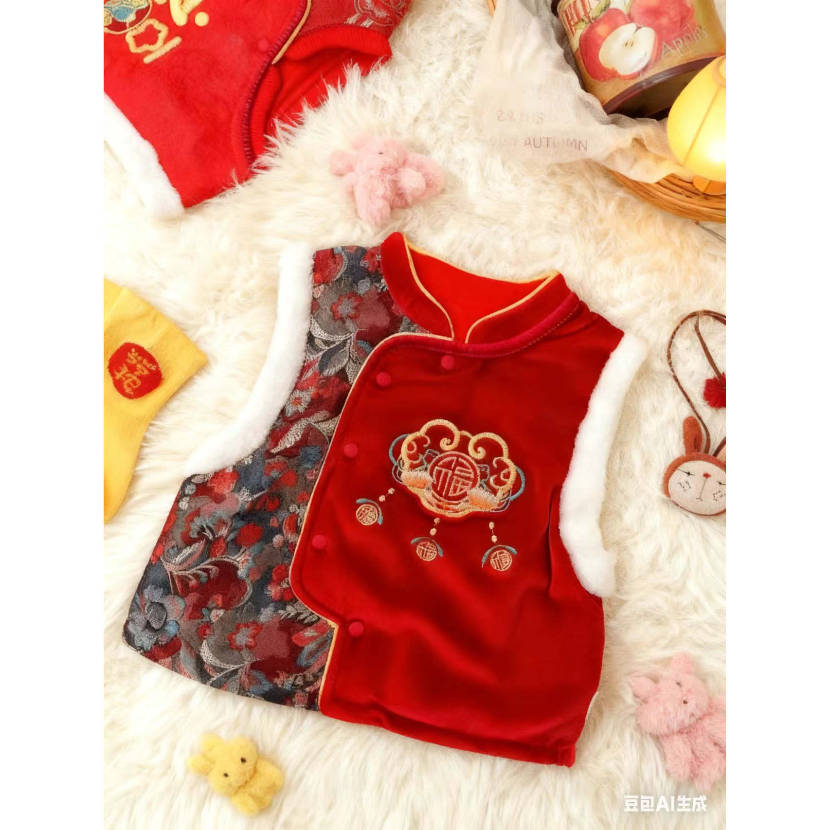 男女宝宝过年服唐装马甲加绒加厚婴儿新年装汉服国风周岁保暖背心