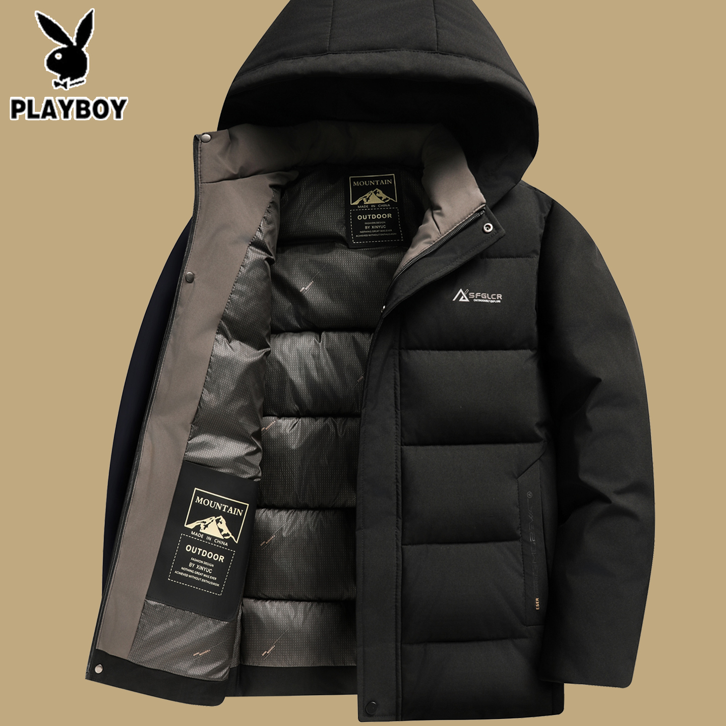 花花公子中年短款加厚连帽羽绒服