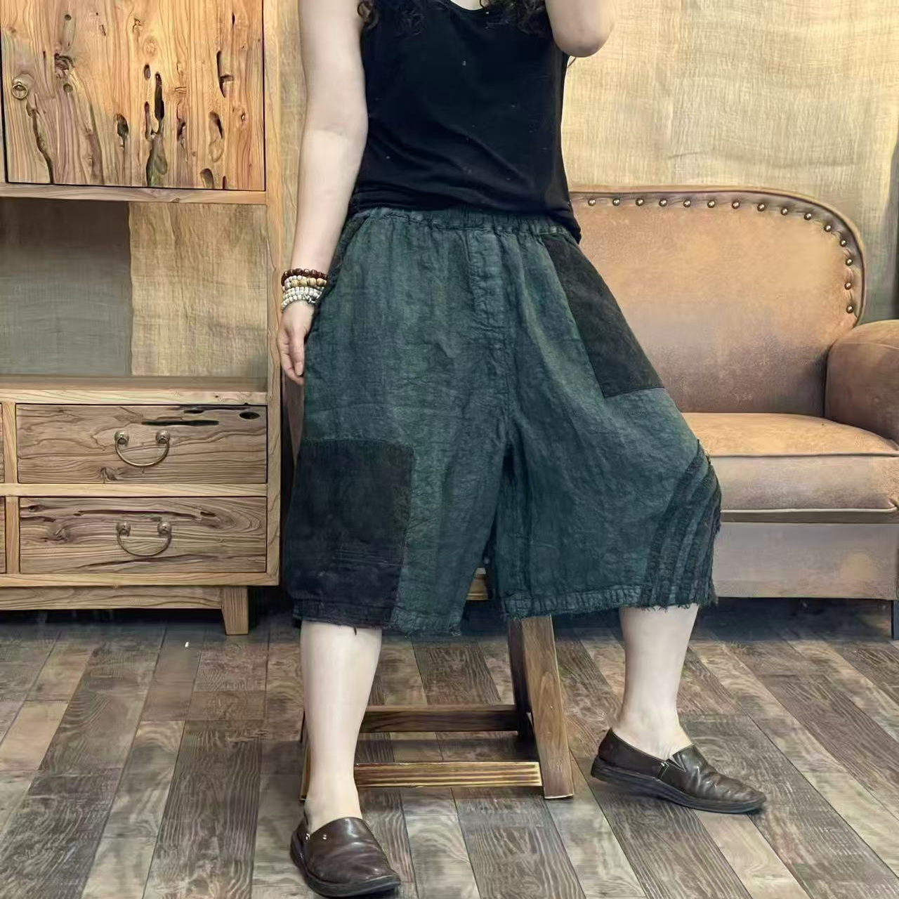 FF 6940 夏季新品亚麻拼色文艺休闲百搭女士裤子 臀围128长58