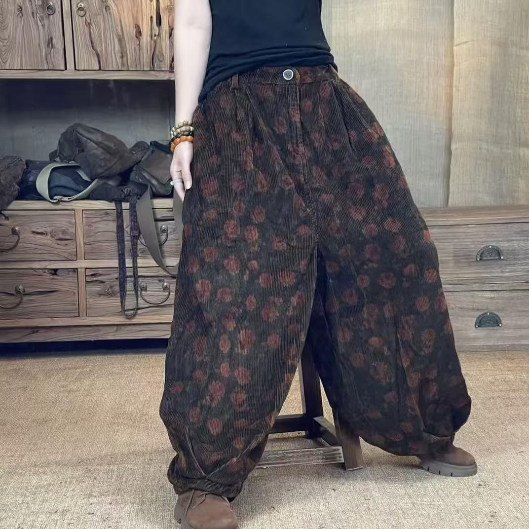 HH 秋季新品灯芯绒花色文艺休闲女士灯笼裤 臀围144长89