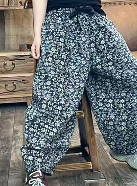 S5 春季新品花色休闲百搭文艺做旧棉麻女士裤子 臀围140长90