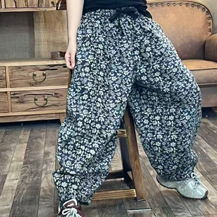 S5 春季新品花色休闲百搭文艺做旧棉麻女士裤子 臀围140长90