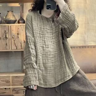 皱麻休闲百搭圆领套头女士上衣 新品 秋季 胸围140长63 7241