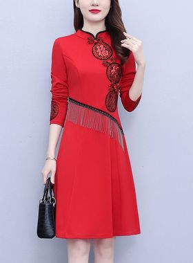 秋冬复古国风裙子大码胖mm新中式本命令红色舞蹈打鼓广场舞连衣裙