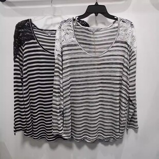 外贸原单薄款条纹圆领针织衫女春秋时尚百搭宽松休闲蕾丝长袖上衣