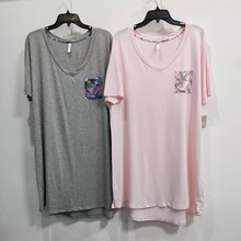 家居睡裙 外贸大码 宽松舒服棉质撞色口袋V领休闲连衣裙 女胖MM夏季