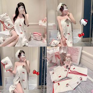 卡通kt猫浴裙珊瑚绒吸水浴巾毛巾干发帽 kitty爱洗澡 香香 秘密