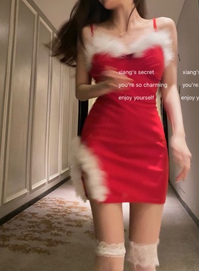 香香的秘密  原创圣诞节在逃精灵红色蝴蝶结毛毛连衣裙性感可爱女